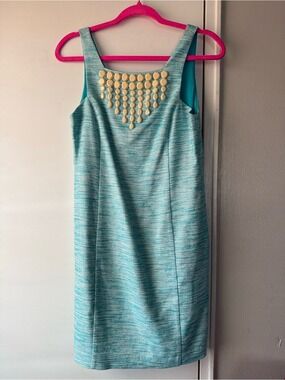 Trina Turk Beaded Shift Mini Dress Azure Blue Cotton Silk Blend Sz 2 $398 Resort